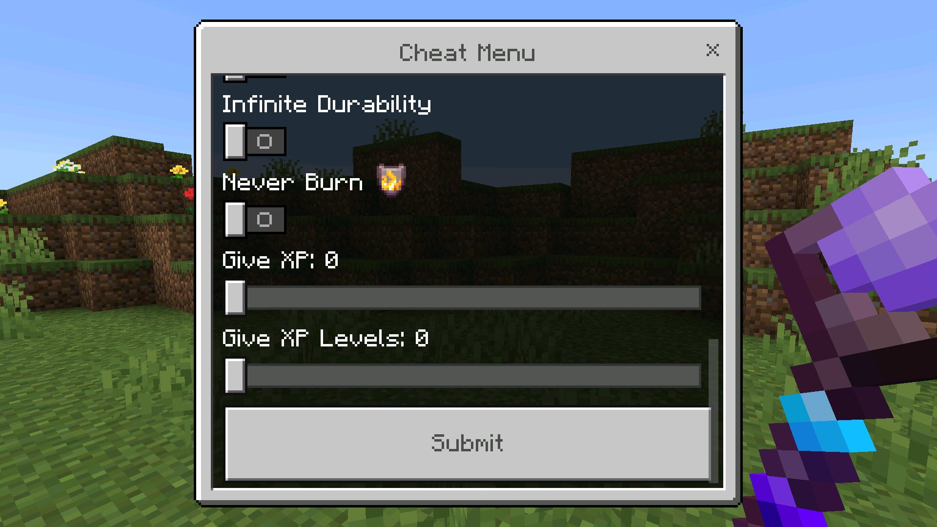 Выбор из чита на творческий режим в Майнкрафт ПЕ